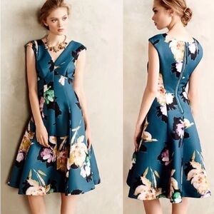 Moulinette Soeurs Teal Floral Fit-and-Flare Dress